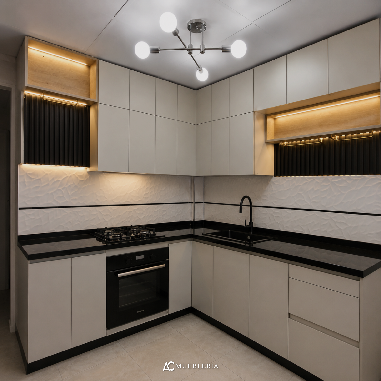 Cocina en L | Melamina Capri + Cuarzo negro