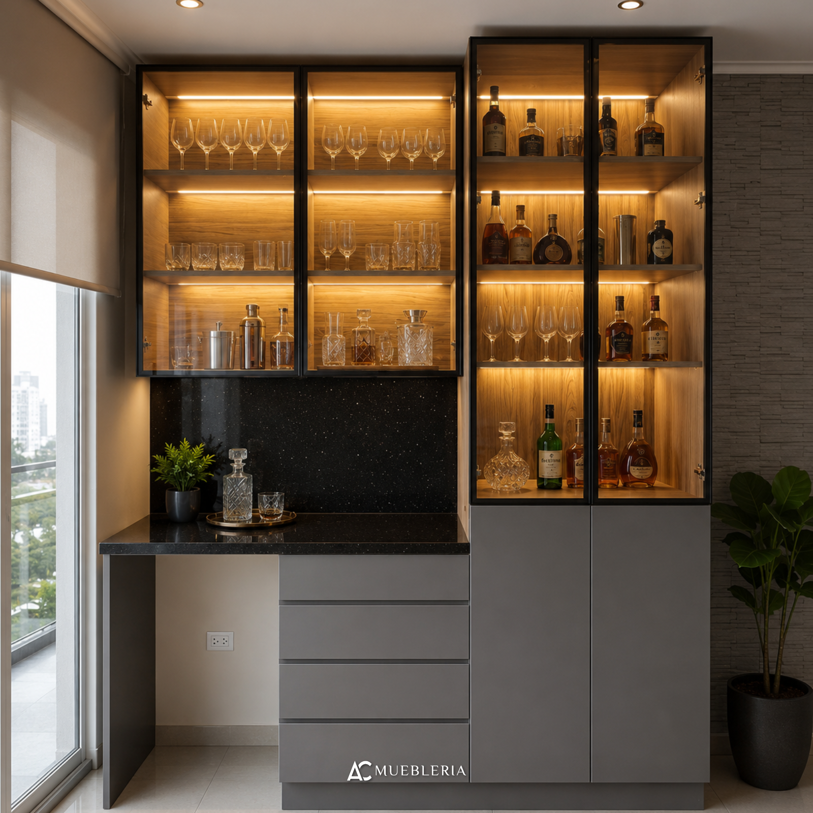 Mueble bar con iluminación y vitrinas