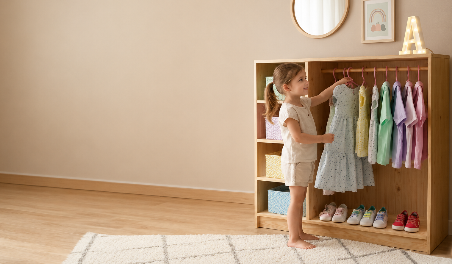 Niña ordenando su ropa en un mueble infantil Maderin